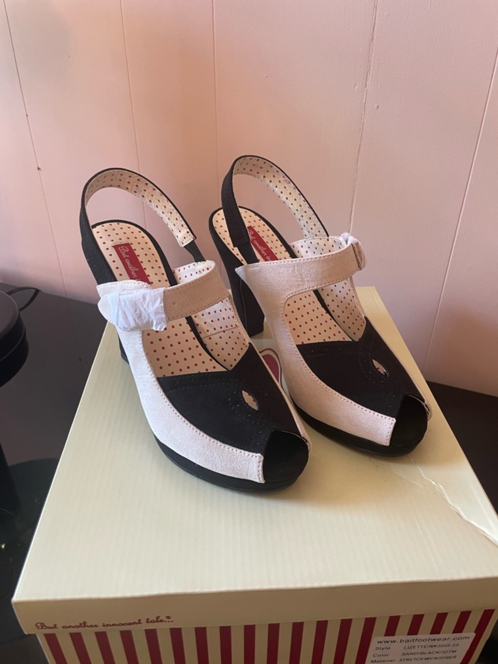 B.A.I.T Lizette 1940s style Two-Tone Black and Sand Peep-Toe Slingback Heels